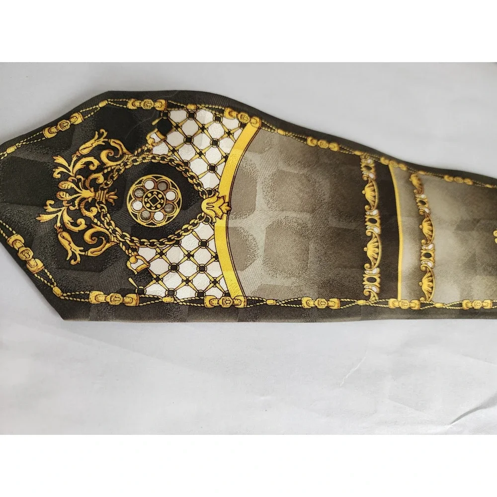 Daniel Ellissa Mens Silk Tie Baroque Chain Medallion Olive Green Gold Ornate